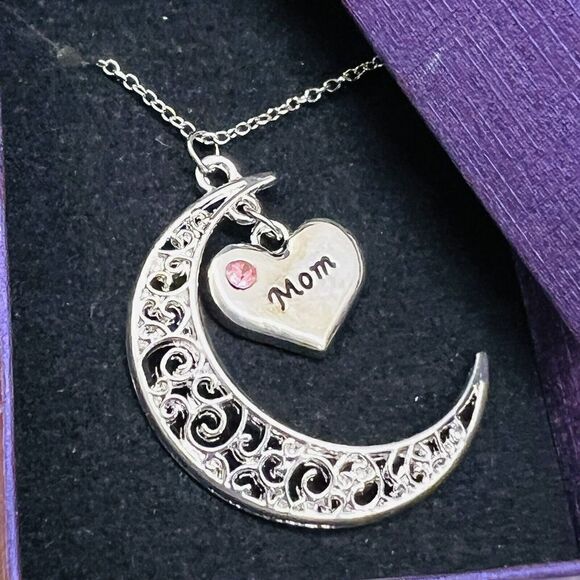MOM Filigree Crescent Moon Necklace Mother Birthday Mothersday Gift Silver Pink - Picture 6 of 8